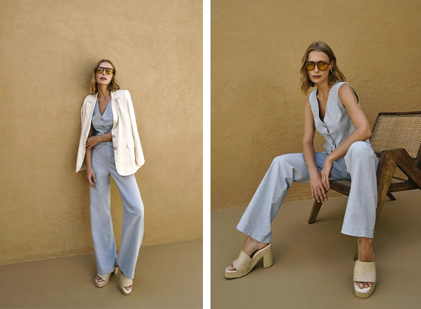Look de conjunto de colete com calça azul claro Look de conjunto de colete com calça azul claro