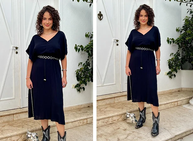 Look all black de vestido com bota cano curto