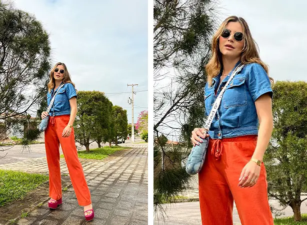 Looks femininos com camisa jeans e calça laranja