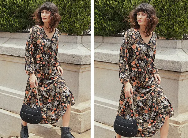 Vestido midi com estampa floral colorida e coturno