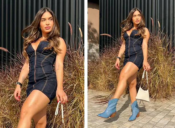 Look com vestido jeans escuro e bota azul com brilhos