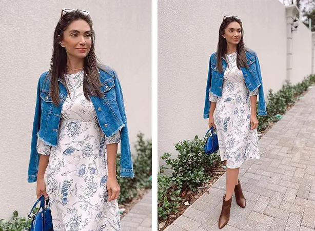 Looks com vestidos midi floral e jaqueta jeans