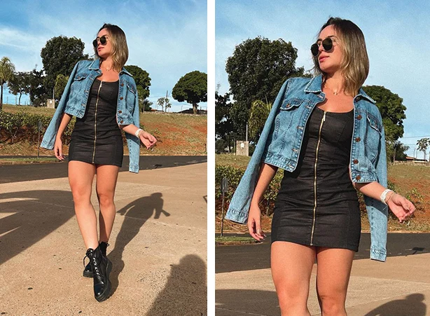 Looks com vestido resinado e jaqueta jeans