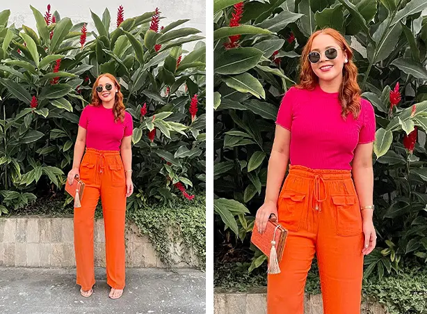 Look color block com calça laranja e blusa rosa