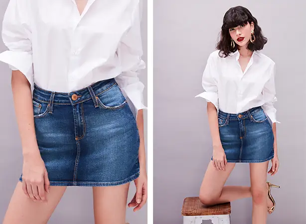 Combinação de camisa branca e saia jeans curta