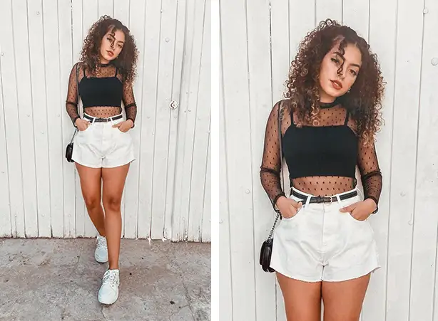 Look com blusa de tule e short branco