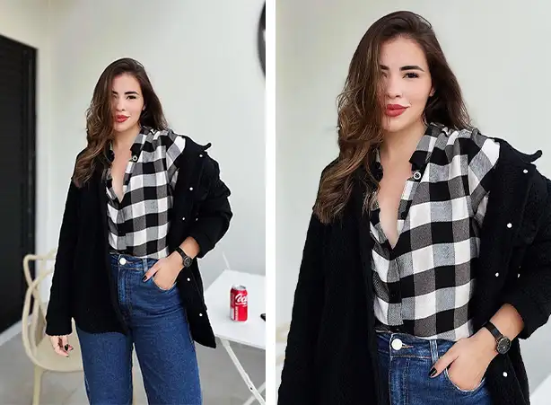 Duo preto e branco com camisa xadrez e calça jeans