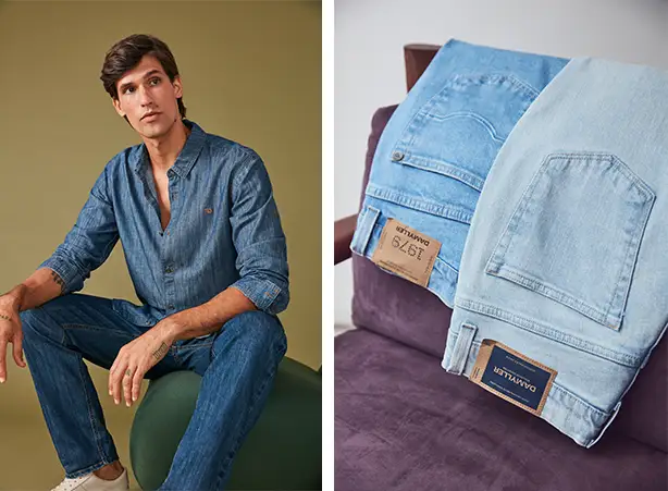 Look jeans masculino com calça e camisa