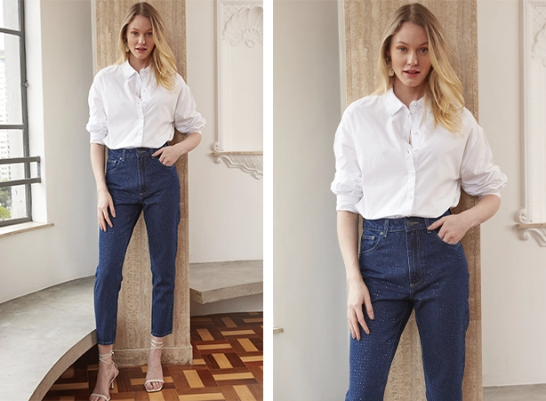 Produção feminina com camisa branca e calça jeans