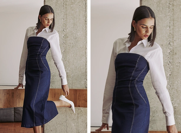 Truque de styling da camisa com sobreposição do vestido midi jeans