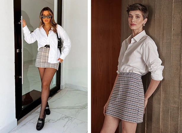 Look com saia xadrez e camisa social feminina