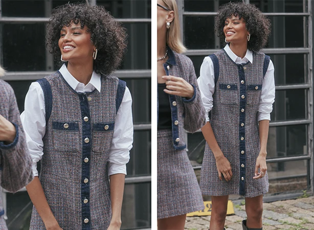 Vestido de tweed com detalhes em jeans e camisa social feminina