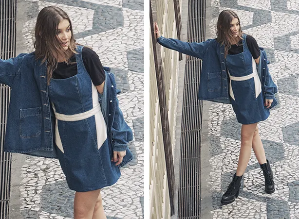 Composição de vestido em denim com recortes e uma overshirt