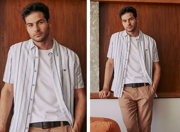 Camisa listrada como protagonista do look masculino casual