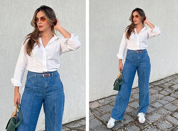 Look de calça jeans e camisa social feminina