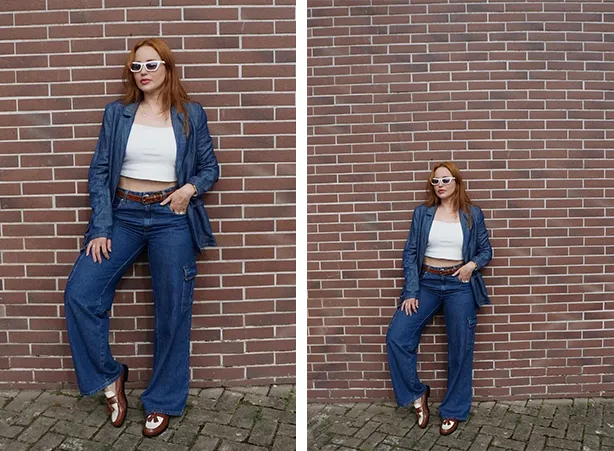 Look casual com cropped branco básico, calça jeans cargo e blazer em denim