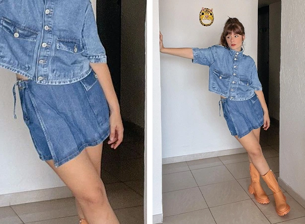 Look all jeans com short-saia e camisa de manga curta