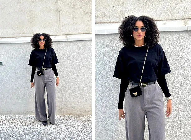 Look com mocassim tratorado preto e calça em alfaiataria