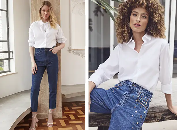 Look com calça jeans com pedrarias ou cristais termocolantes e camisa branca