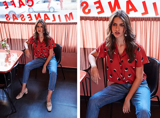 Looks com camisa de poá e calça jeans