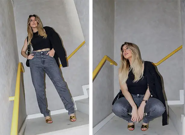 Look feminino com calça jeans mom e jaqueta preta