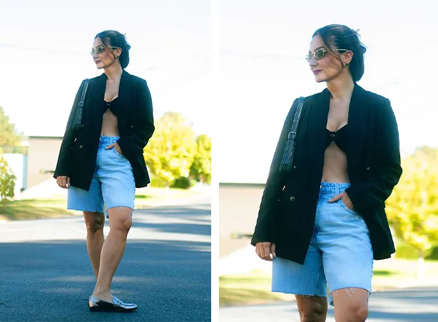 Blazer oversized coordenado a uma bermuda jeans soltinha