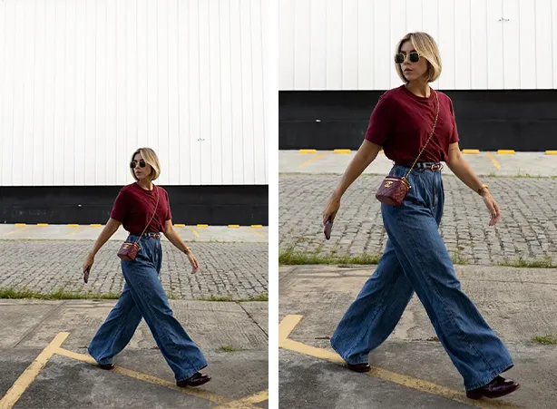 Look com mocassim e calça jeans soltinha