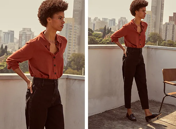 Look do dia de trabalho com calça preta e mocassim