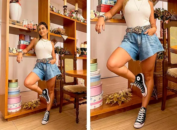 Look com short godê e regata branca