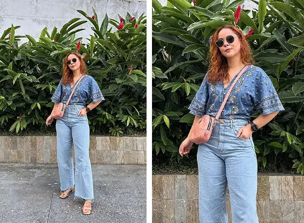 Look com calça em denim mais claro e blusa floral de mangas amplas