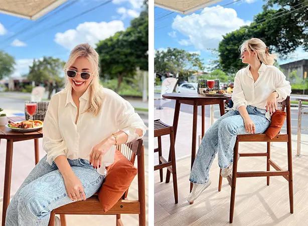 Look com calça jeans e tênis branco