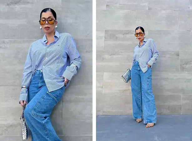 Look feminino com calça jeans e camisa listrada em azul