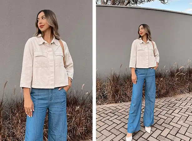 Look com casaqueto bege e calça jeans em lavagem média