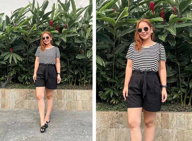 Look com short de alfaiataria preto e camiseta listrada p&b