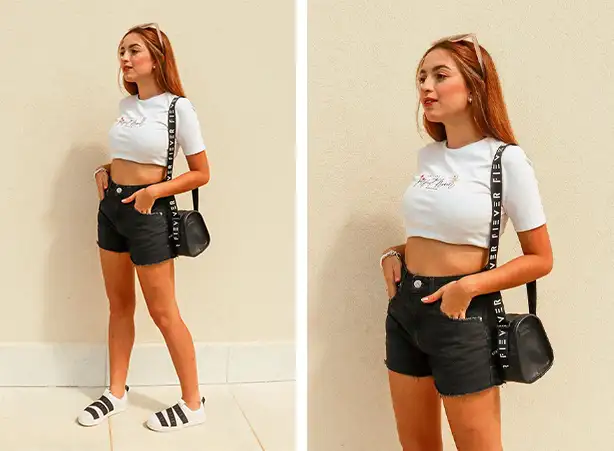 Visual preto e branco com short e camiseta cropped