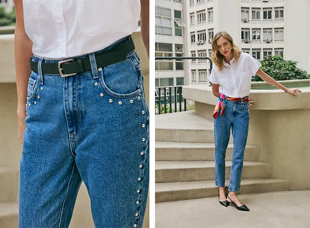 Tipos de calças jeans: modelagem mom com tachas