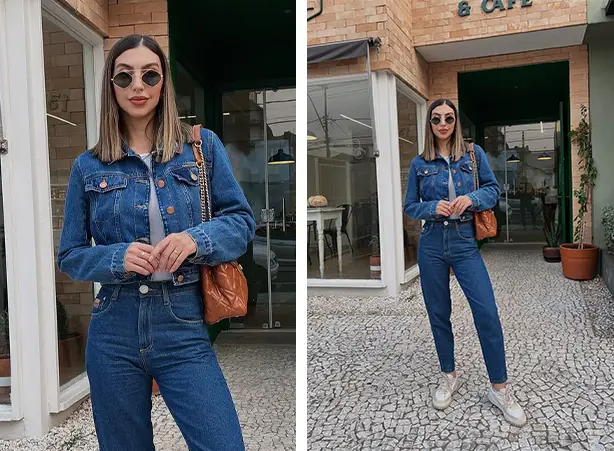 Look all jeans com calça mom