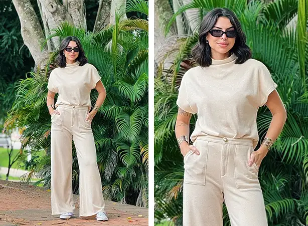 Duo de blusa solta e pantalona em tricô leve