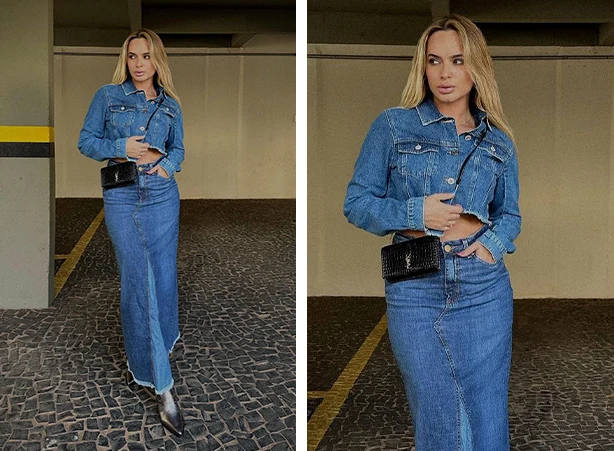 Look com jaqueta jeans em modelagem mais curta e saia longa