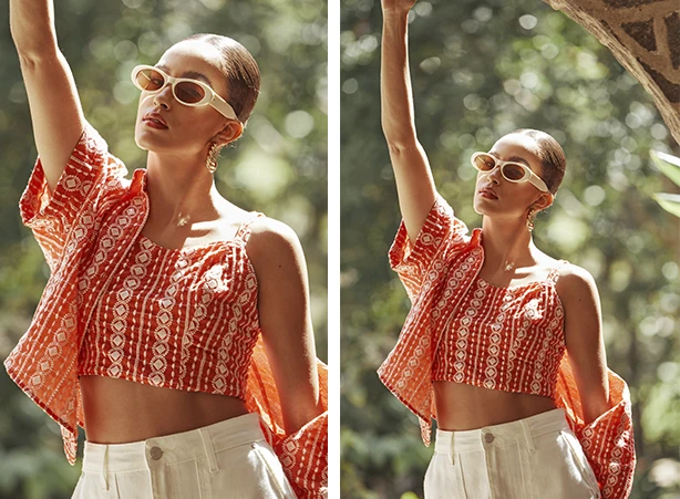 Duo de cropped e camisa em tons de vermelho e branco