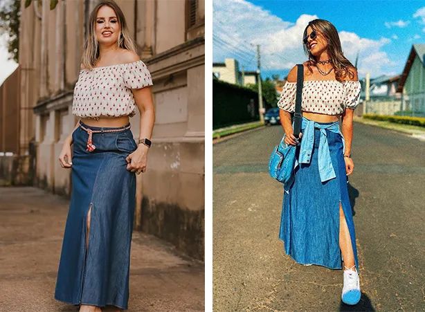 Looks com saia jeans e cropped de padronagem floral mini 