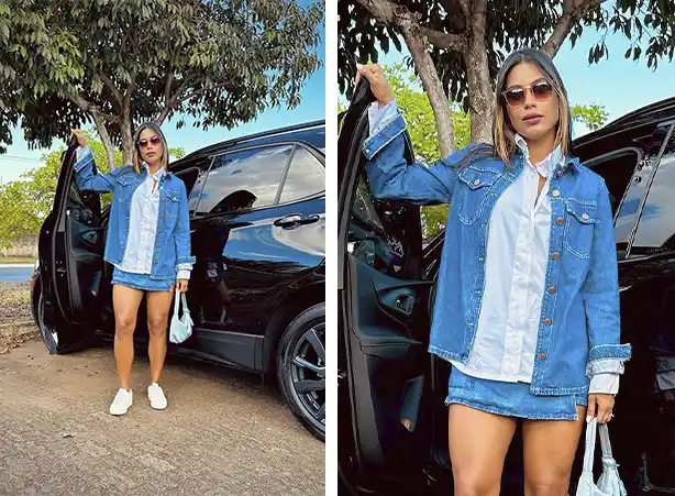 Look de jaqueta jeans com camisa branca e short-saia jeans