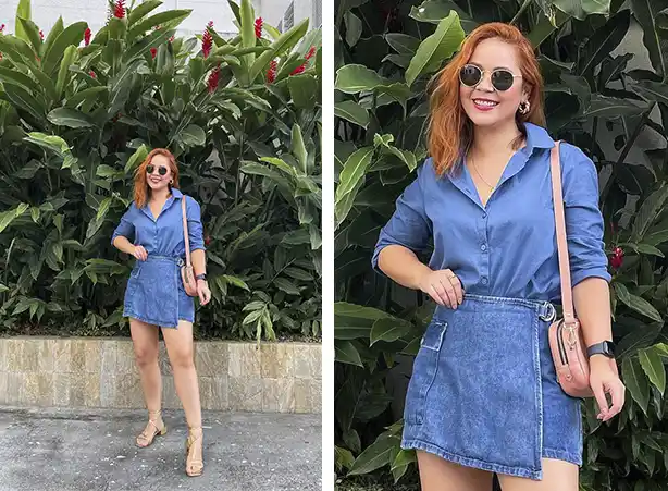 Look de short-saia jeans com camisa jeans