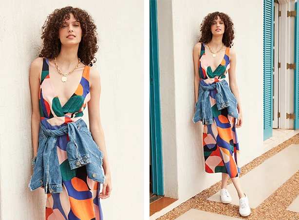 Vestido midi com estampa geométrica