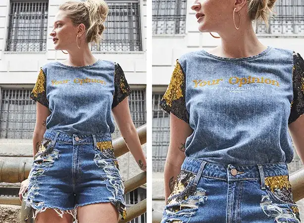 Look all denim com short de acabamento destroyed Look all denim com short de acabamento destroyed