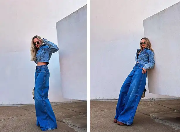 Look com calça jeans oversized e corte amplo Look com calça jeans oversized e corte amplo