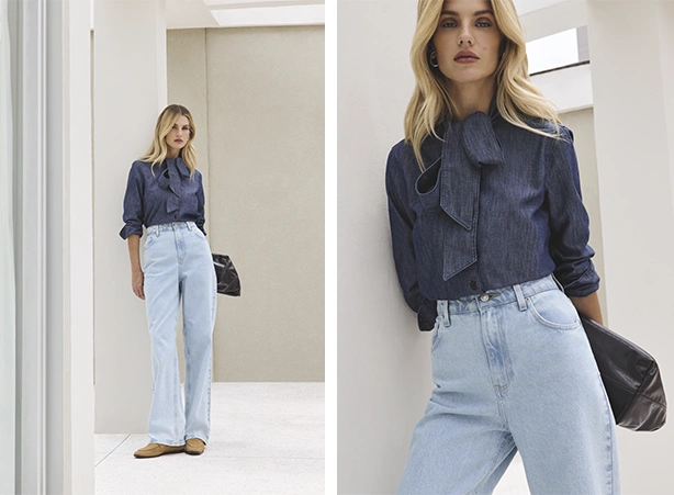 Look de outono com camisa jeans de gola laço com calça jeans clara