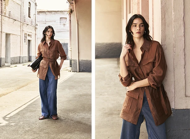 Look com camisa feminina de liocel marrom e calça jeans
