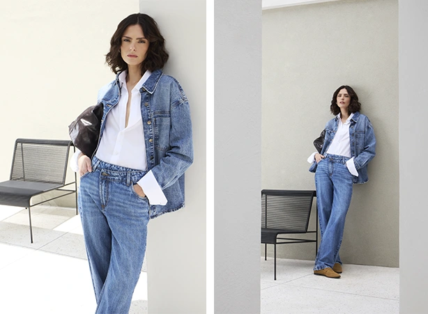 Look com camisa social branca com jaqueta jeans e calça jeans na mesma lavagem