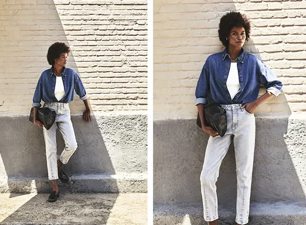 Look de jaqueta jeans com camiseta branca e calça jeans feminina clara